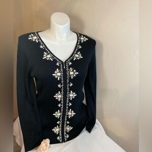 Lauren Michelle~Black Ribbed V-Neck Zip-Up Sweater~Beaded~Long Sleeves~Size L